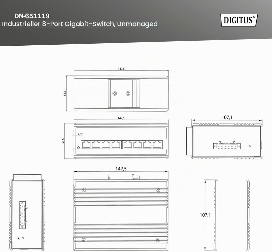 DIGITUS Netzwerk-Switch - 8-Port Gigabit Ethernet - DIN-Rail Montage - Klemmleiste - Lüfterlos - Sch
