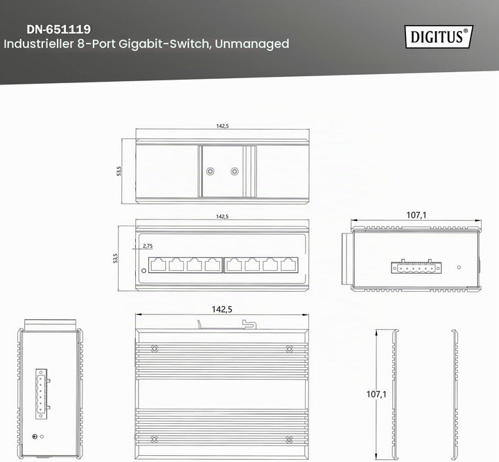 DIGITUS Netzwerk-Switch - 8-Port Gigabit Ethernet - DIN-Rail Montage - Klemmleiste - Lüfterlos - Sch