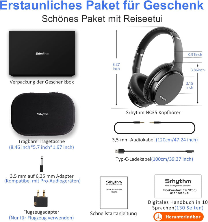 Srhythm NC35 Active Noise Cancelling Kopfhörer Kabellos Bluetooth - LDAC Modus, Schnellladung, 50+ W