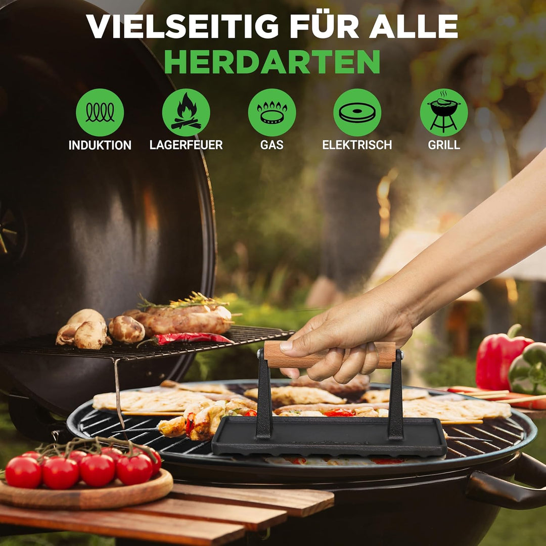 NutriChef Burgerpresse- Antihaft Gusseisen, Schwere Grillpresse 1,5 kg (22 × 9,5 cm), Fleischbeschwe