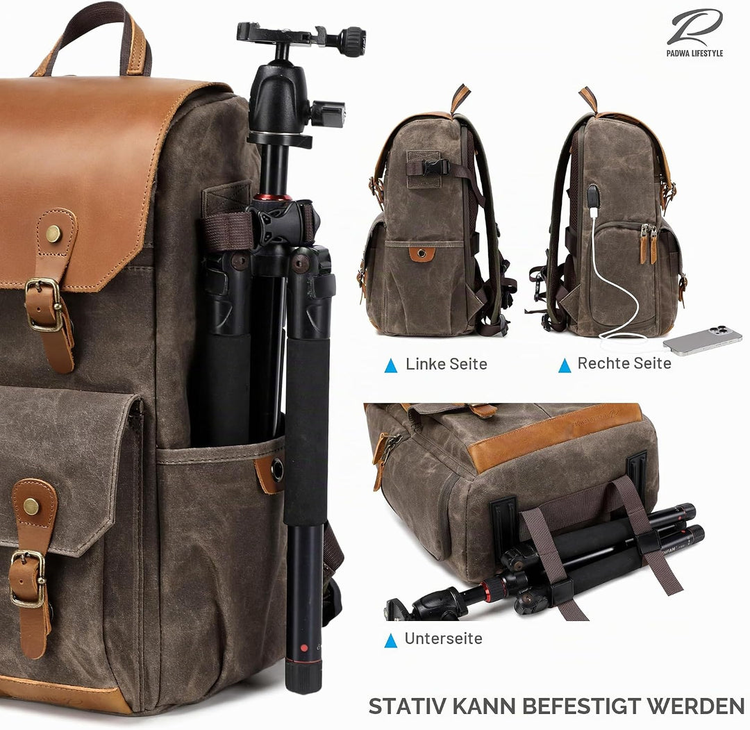 Padwa Lifestyle Kaffee Kamerarucksack - wetterfeste Kameratasche aus gewachstem Memory Canvas mit 16