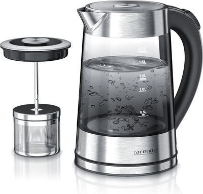 Arendo - Glas Wasserkocher mit Temperatureinstellung und Teesieb - Edelstahl Teekocher – Rauchglas m