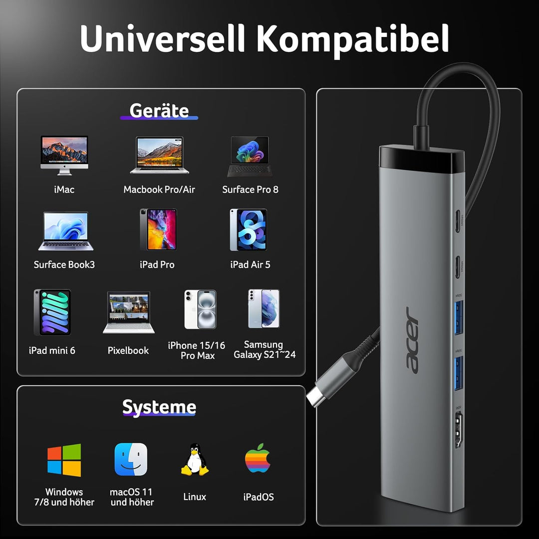 acer 8 in 1 USB C Hub, 10Gbps USB-C auf HDMI Adapter 4K@60Hz, Dockingstation mit 2×USB-C 3.2, 2×USB