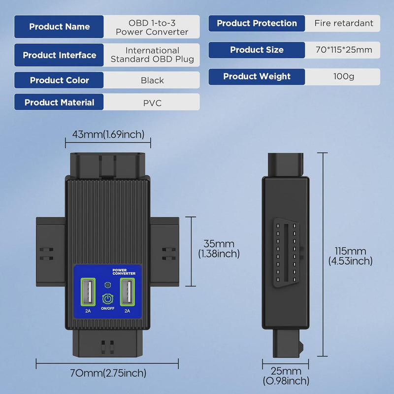 MOTOCOCHE OBD2 1-zu-3 Kabel Splitter Adapter OBD2-Konverteradapter 16 Pin Stecker zu 3 Buchsen Power