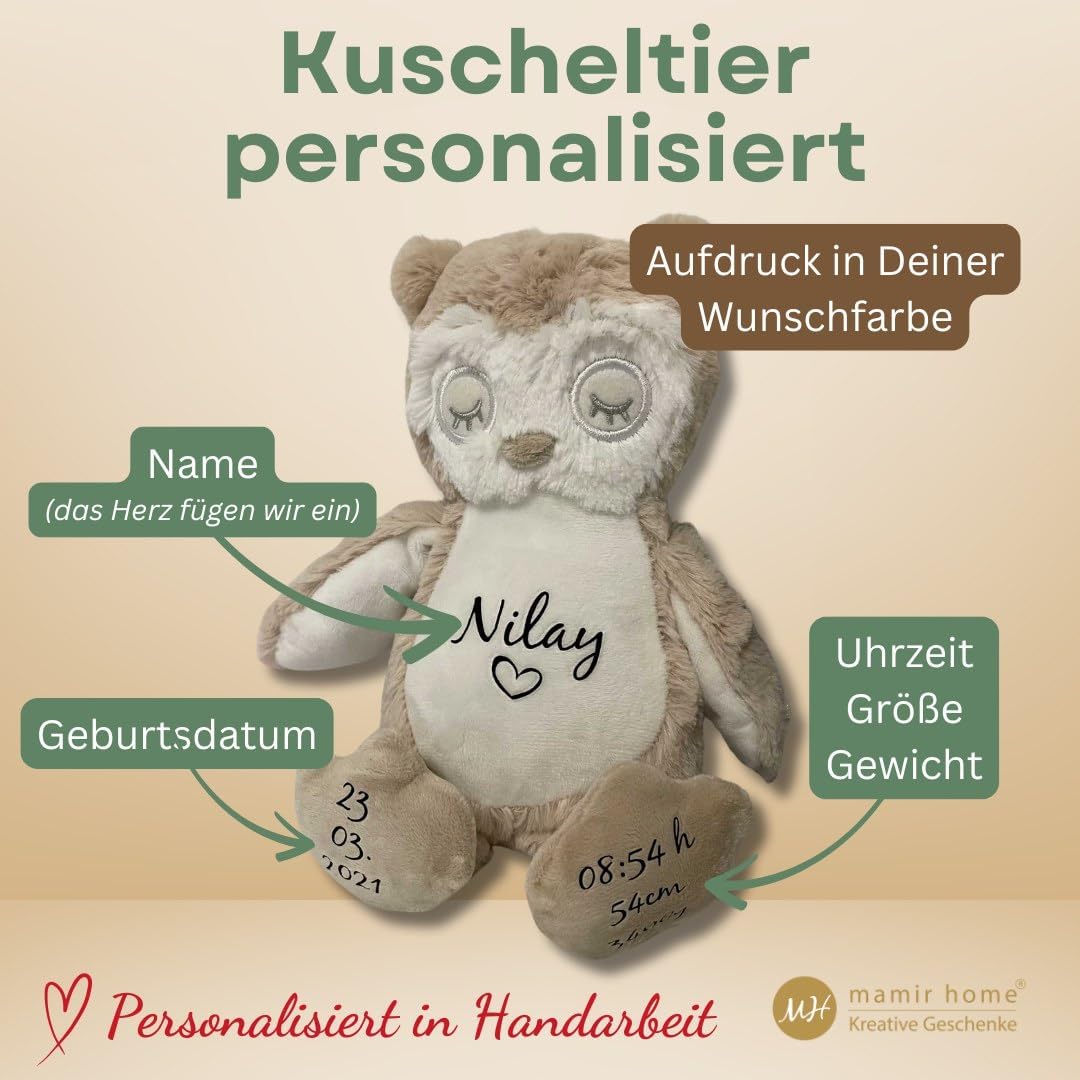 mamir home Eule Kuscheltier personalisiert mit Name + Geburtsdaten I 28cm Plüschtier I Baby Geschenk
