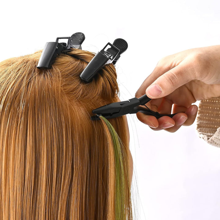 FOSHIO Haarverlaengerung Werkzeug Microring Extensions Set mit 200 Schwarz Microringe 2 Stück Micror