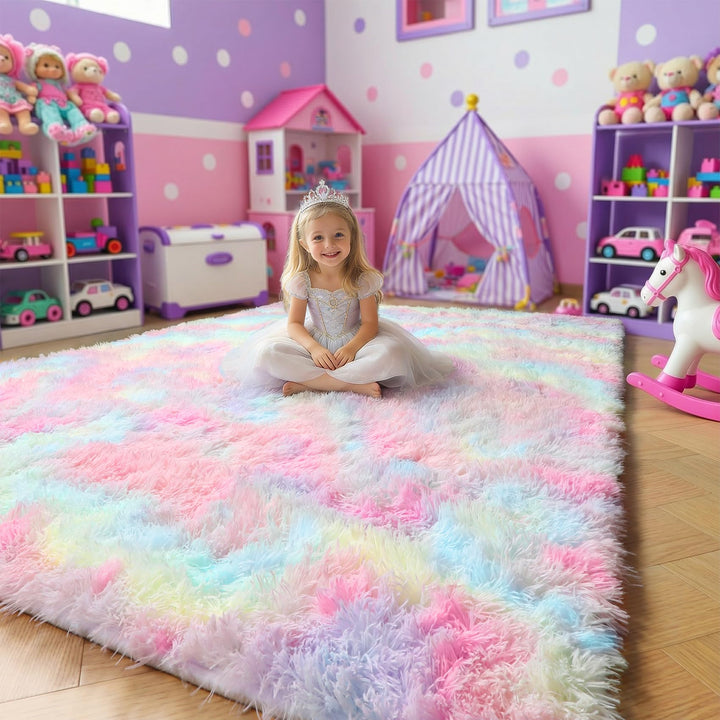 Flauschige Regenbogen-Teppiche für Mädchenzimmer, Einhorn-Zimmerdekoration, Pastell-Teppich für Kind