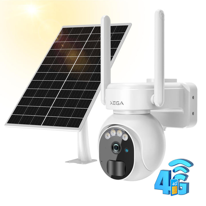 Xega 4G LTE Überwachungskamera Aussen Solar mit SIM Karte - 2K HD 3MP PTZ Kabellos Kamera Ohne WLAN