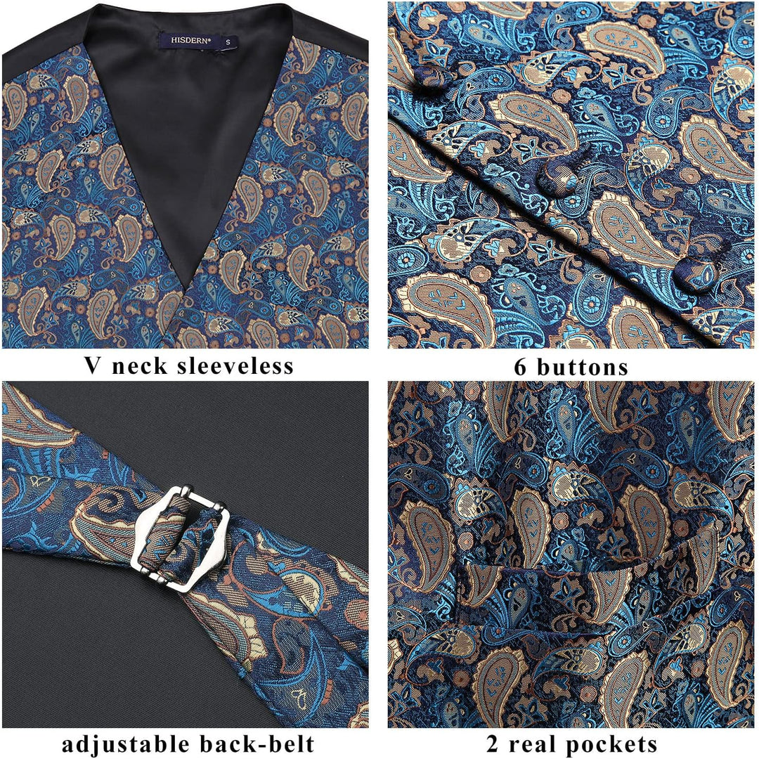HISDERN Herren FLoral Hochzeit Weste Krawatte Einstecktuch Taschentuch Jacquard Weste Anzug Set XXL