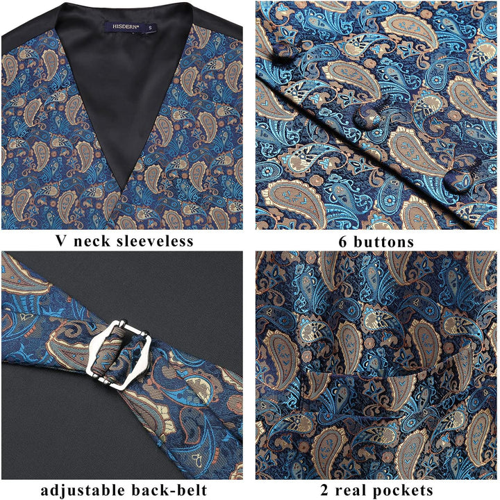HISDERN Herren FLoral Hochzeit Weste Krawatte Einstecktuch Taschentuch Jacquard Weste Anzug Set XXL