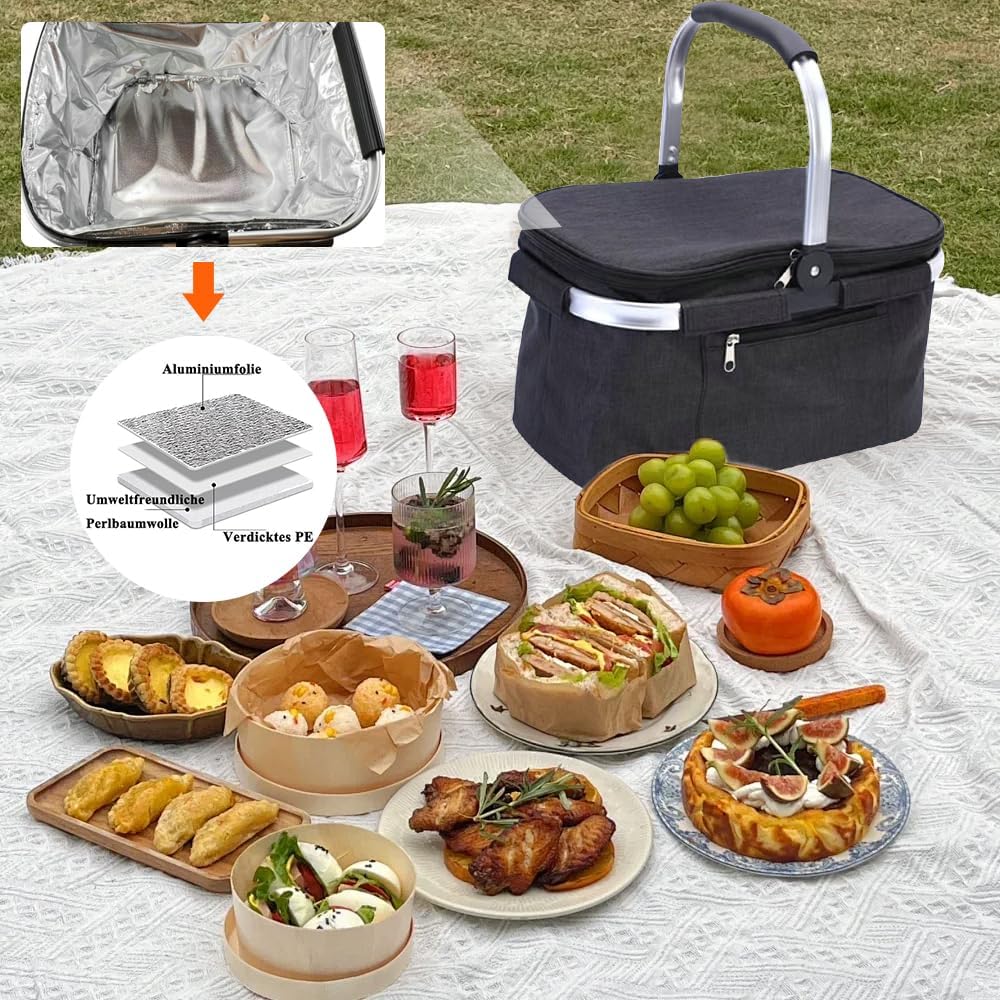 32L Einkaufskorb Kühltasche, Kühlkorb Faltbar, Picknickkorb Gross, Leicht klappbar & kompakt, Mit Gr