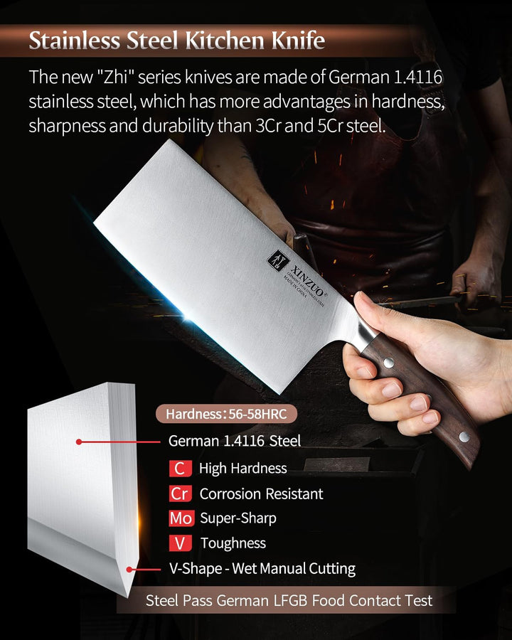 XINZUO Deutschem 1.4116 Edelstahl 17.5cm Hackmesser,Profi Hackbeil Scharfe Klinge Chinesisches Kochm