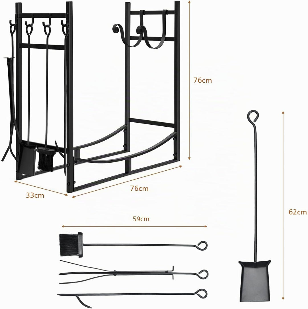 COSTWAY Kaminholzregal mit 4 tlg. Kaminbesteck Set, Brennholzregal Metall Kaminholzständer Kaminzube