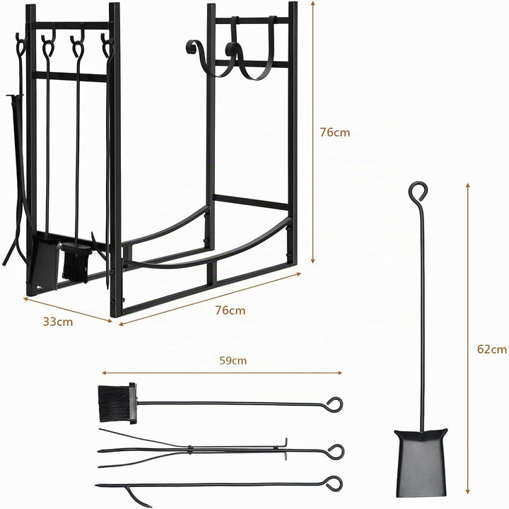 COSTWAY Kaminholzregal mit 4 tlg. Kaminbesteck Set, Brennholzregal Metall Kaminholzständer Kaminzube