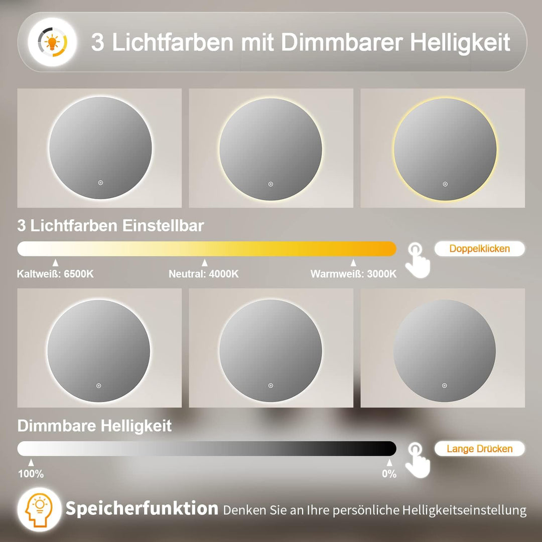 Spiegel Rund 80cm Runder 3 Lichtfarbe Wandspiegel Beleuchtung Touch Schalter LED Badspiegel Badezimm