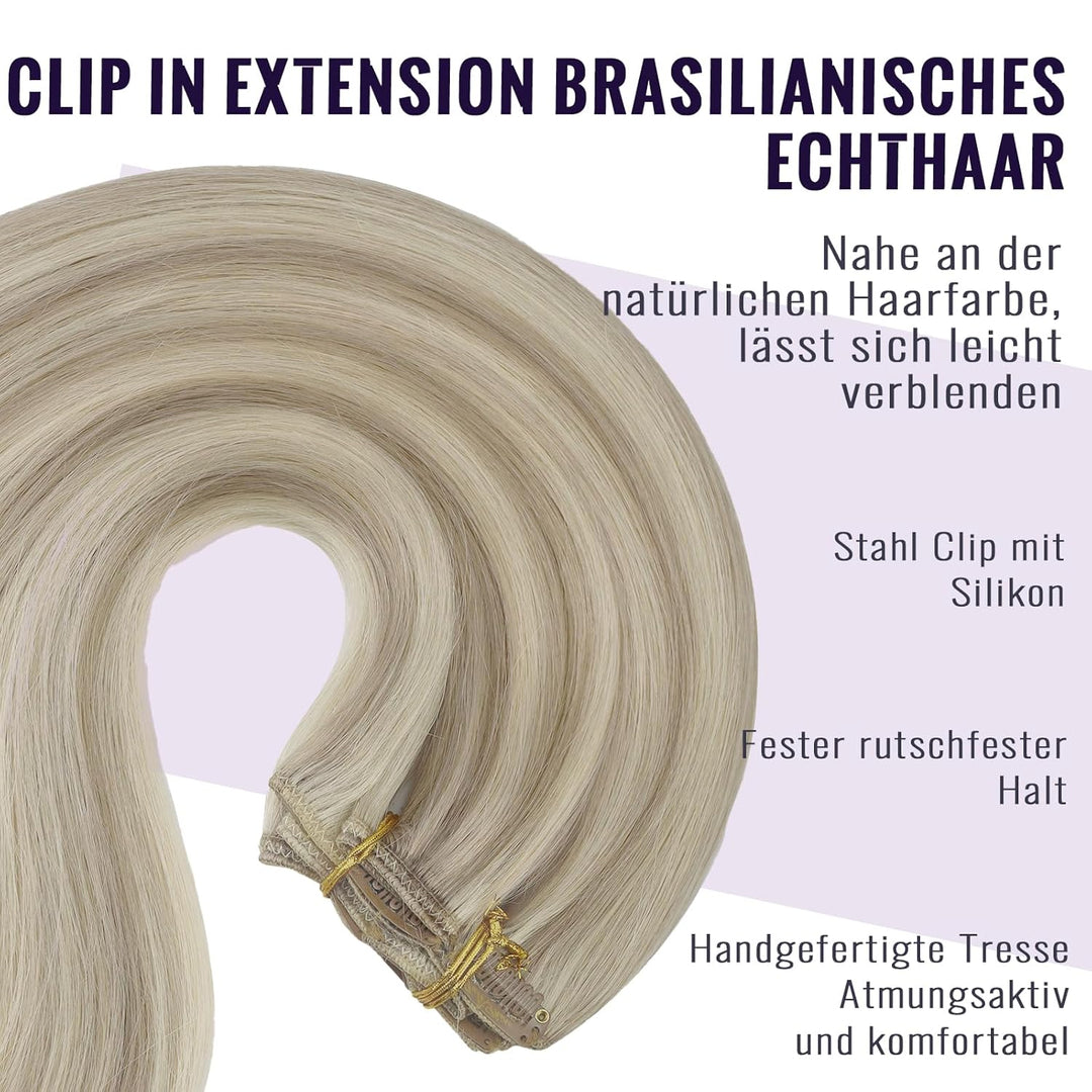 Fshine Echthaar Extensions Clip 35cm 120g Aschblondes Highlight mit Bleichblond Clip in Extensions E