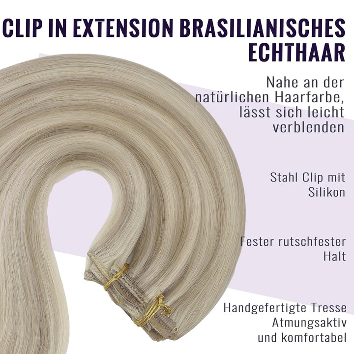 Fshine Echthaar Extensions Clip 35cm 120g Aschblondes Highlight mit Bleichblond Clip in Extensions E