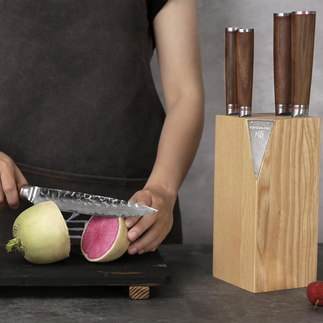 YOUSUNLONG Küchenmesser-Set - 5-teilig - mit amerikanischem Fraxinus-Holzhalter - japanische VG10-Da