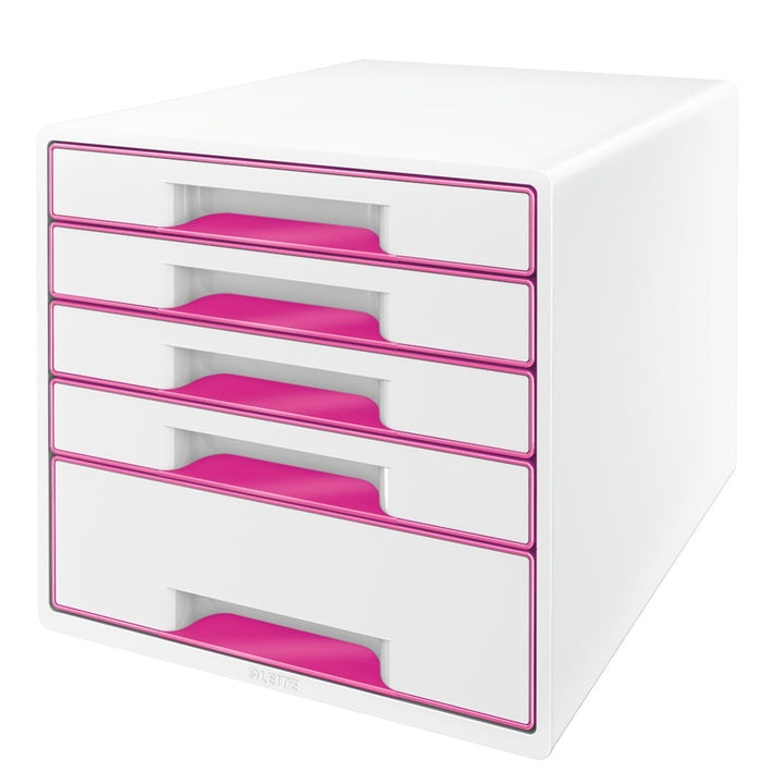 Leitz CUBE Schubladenbox mit 5 Schubladen, Weiss/Pink, A4, Inkl. transparentem Schubladeneinsatz, WO