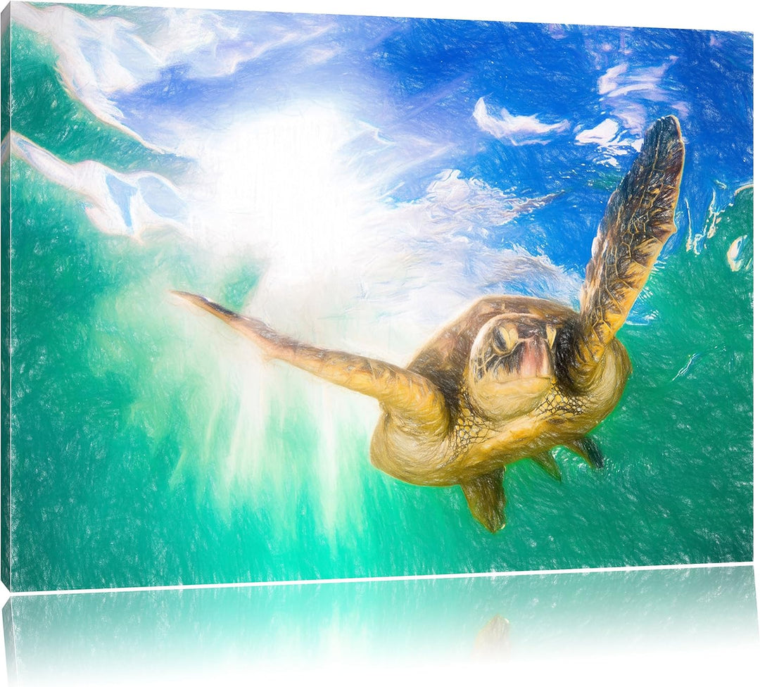 Pixxprint Meeresschildkröte / 100x70cm Leinwandbild bespannt auf Holzrahmen/Wandbild Kunstdruck Deko