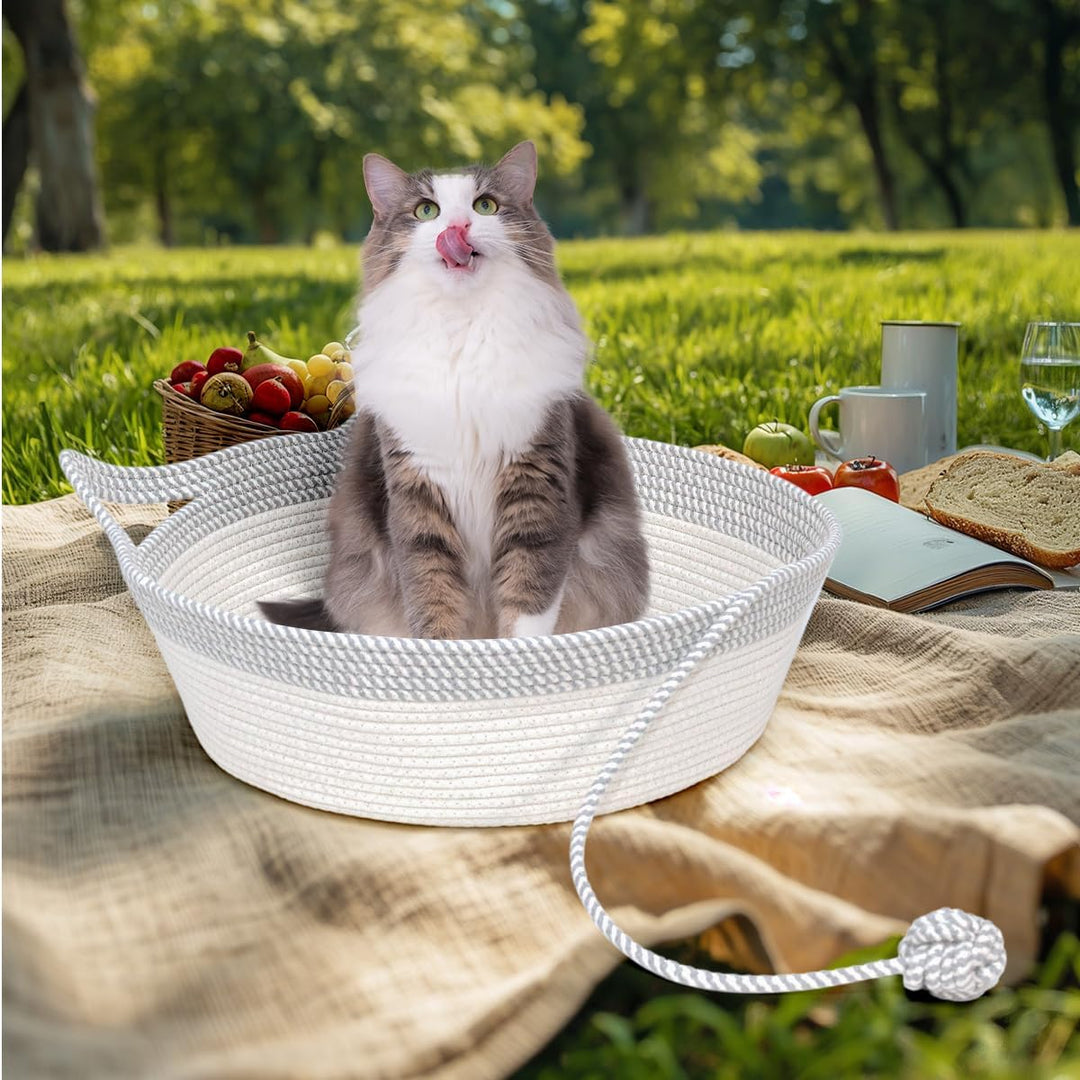 Katzenbett mit Spielzeug Schwanz, Handgewebt Langlebig Katzenkorb aus Rundbaumwollseilen als Katzens