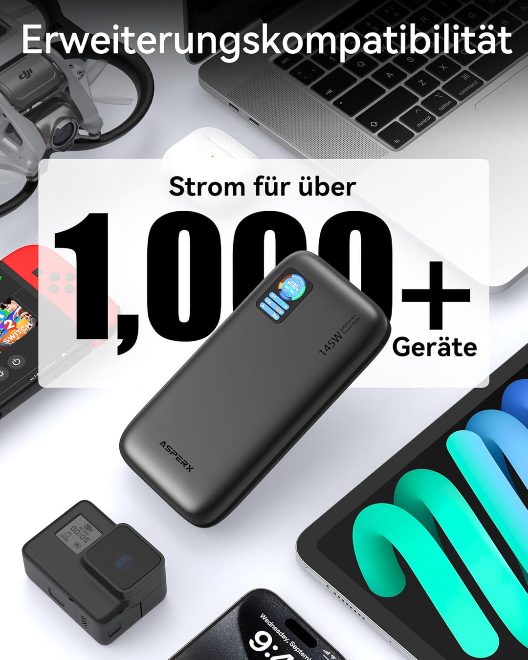 AsperX 100W 24000mAh Powerbank für Laptop MacBook iPad iPhone 17/16/15/14 | Gesamtleistung 145W PD3.