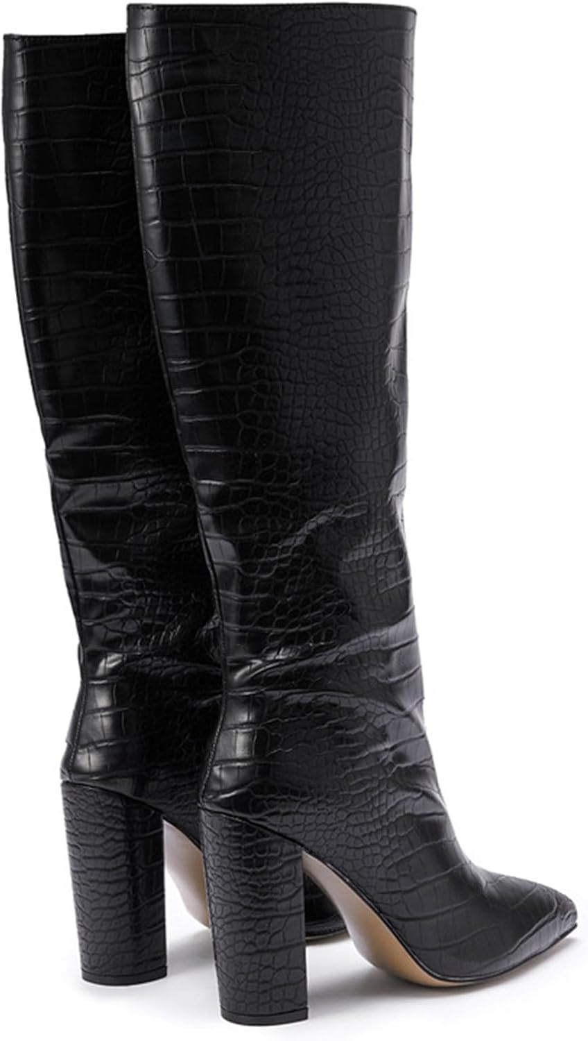 Damen Stiefeletten mit Absatz Elegant Spitz Kniehohe Stiefel für Damen, breite Wade, quadratische Ze
