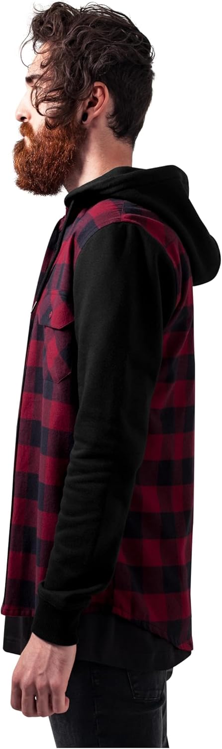 Urban Classics Herren Hooded Checked Flanell Sweat Sleeve Shirt Freizeithemd S Mehrfarbig (Blk/Burgu