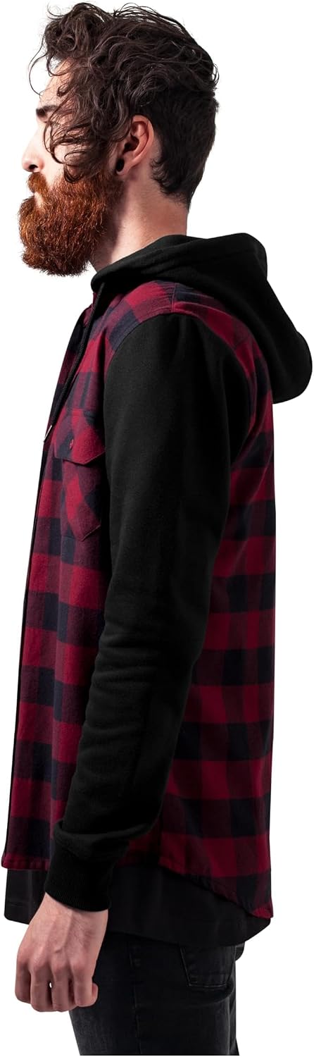 Urban Classics Herren Hooded Checked Flanell Sweat Sleeve Shirt M Blk/Burgundy/Blk, M Blk/Burgundy/B