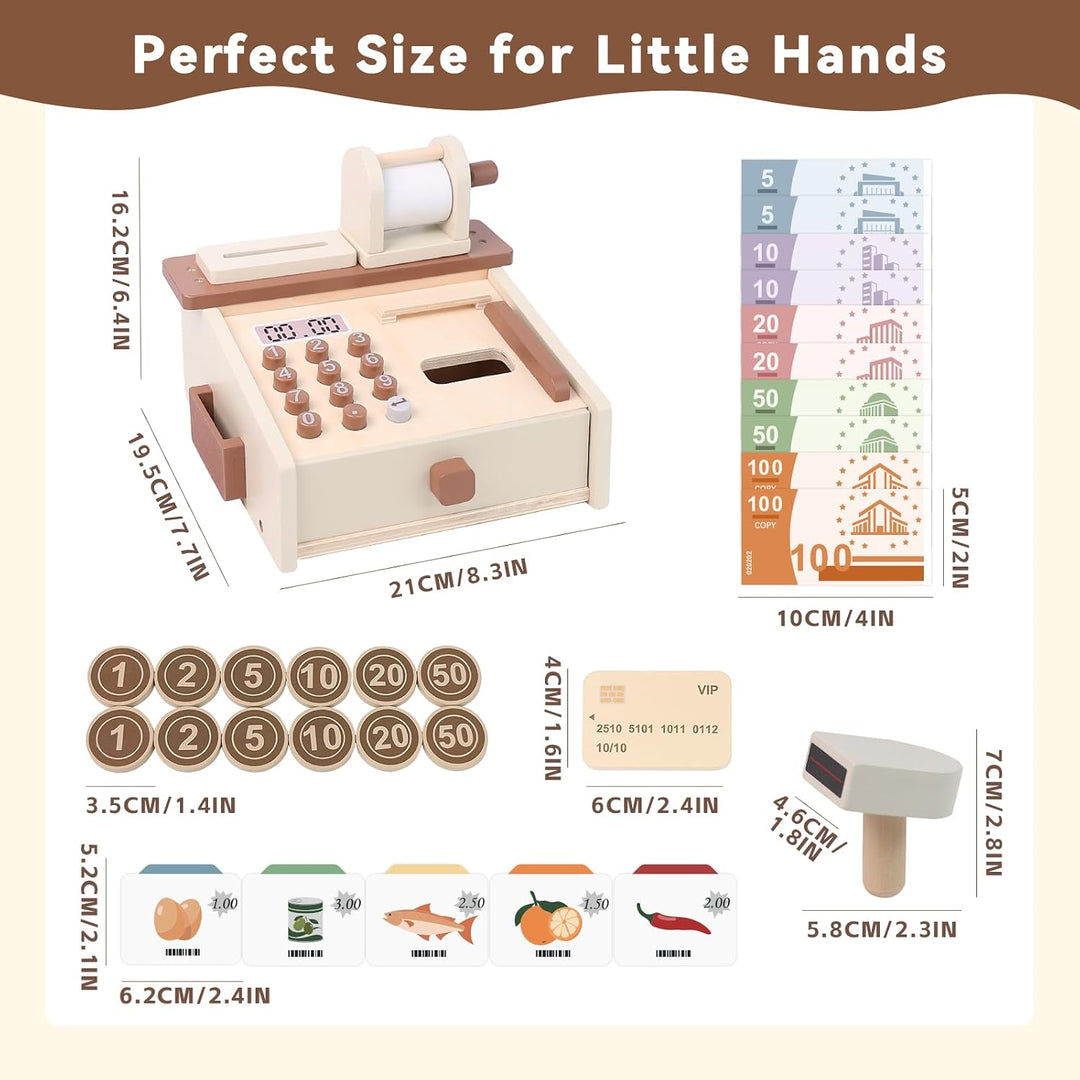 Spielkasse Kinder Holz Registrierkasse mit Spielgeld, Montessori Holz Spielzeug Kasse Kaufladen Zube