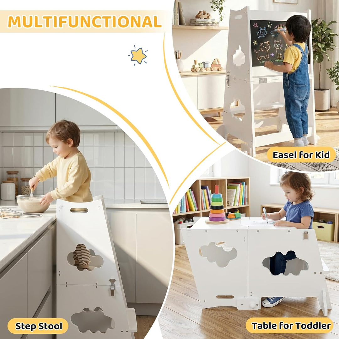 KIDINIX Lernturm ab 1 Jahr, 3 in 1 Montessori Learning Tower mit Sicherheitsgeländer und Tafel, Klap