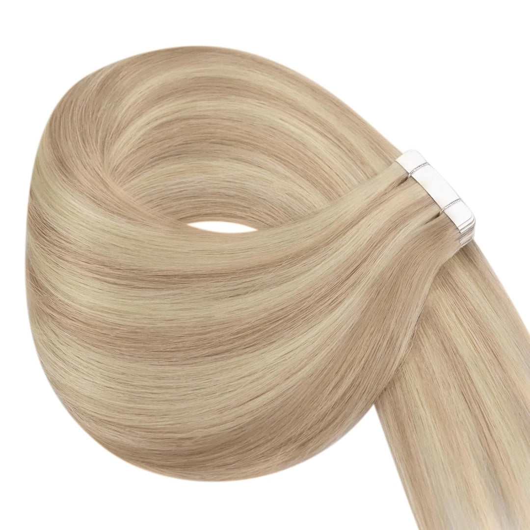 YoungSee Tape in Extensions Echthaar Blond 35cm Tape Extensions Aschblond mit Platinblond Tape Echth