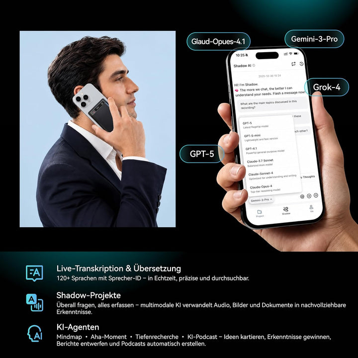Mobvoi TicNote KI Digitales Diktiergerät, 64 GB Speicher, Notizrekorder mit Hülle, App-Steuerung, üb