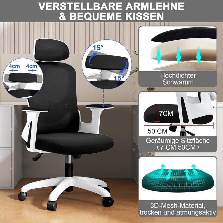 LEVIPE Ergonomischer Bürostuhl mit Lendenwirbelstütze, verstellbare Rückenlehne und Kopfstütze, vers