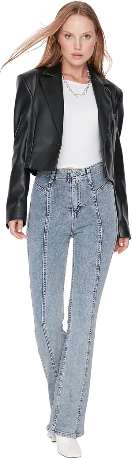 TRENDYOL Damen Herren Basic Hoher Bund Flared Jeans 34 Blau, 34 Blau