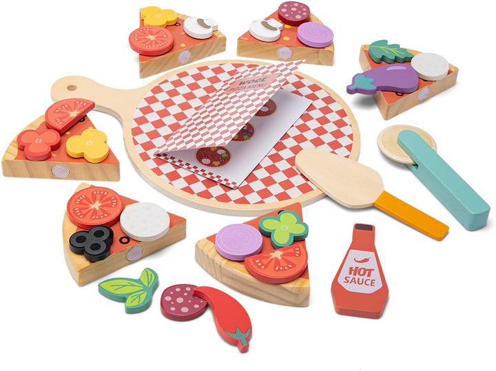 Woet® Holz Pizza Spiellebensmittel Set, 32 Teile mit Belag, Pizzaschneider, Servierbrett, Menükarte