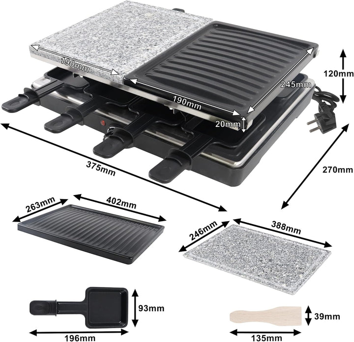 1500W Raclette Grill für 8 Personen mit Steinplatte und GrillplatteTischgrill- 8 Pfannen und Holzspa