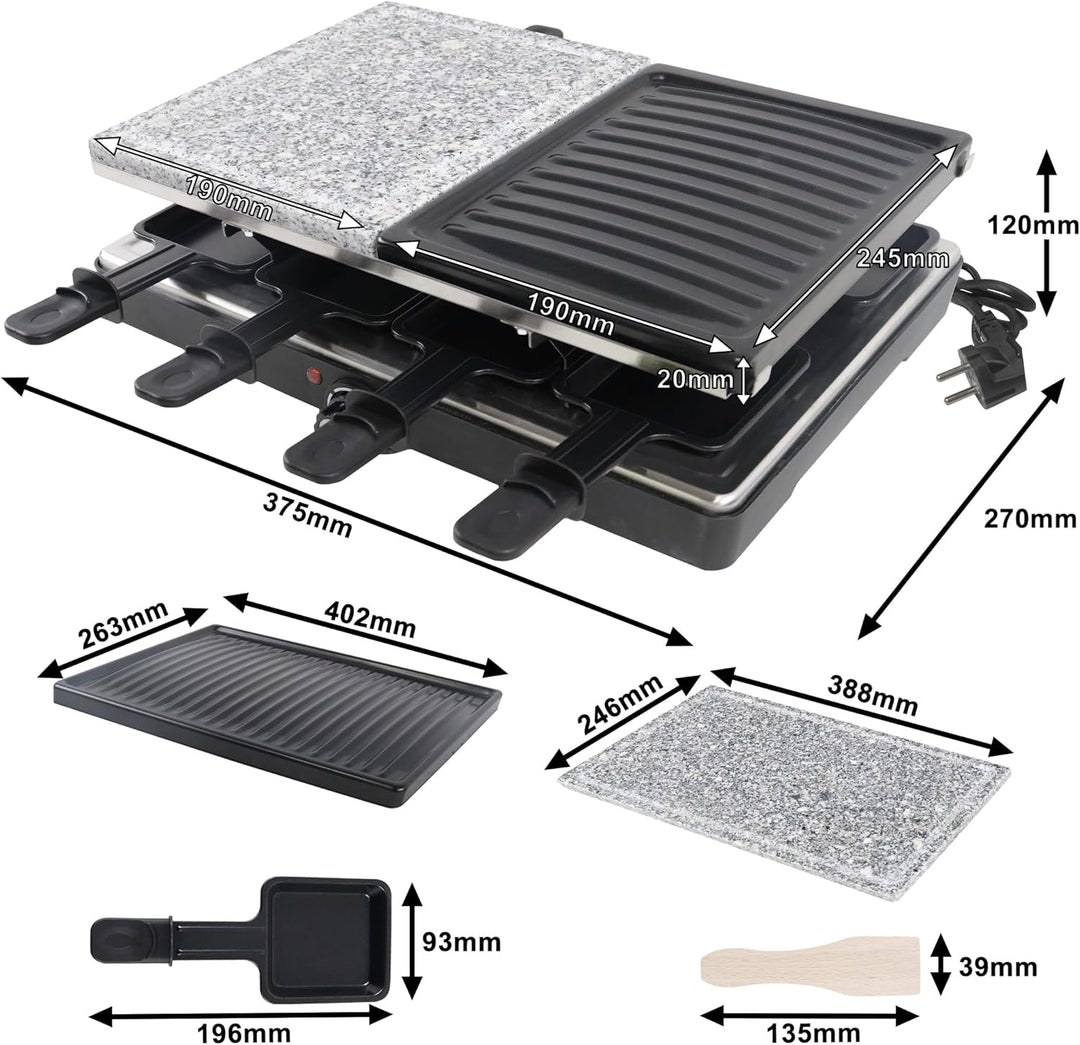 HENGMEI Raclette Grill, Tischgrill Elektrisch, Edelstahl Elektrogrill mit Pfännchen, Antihaftbeschic