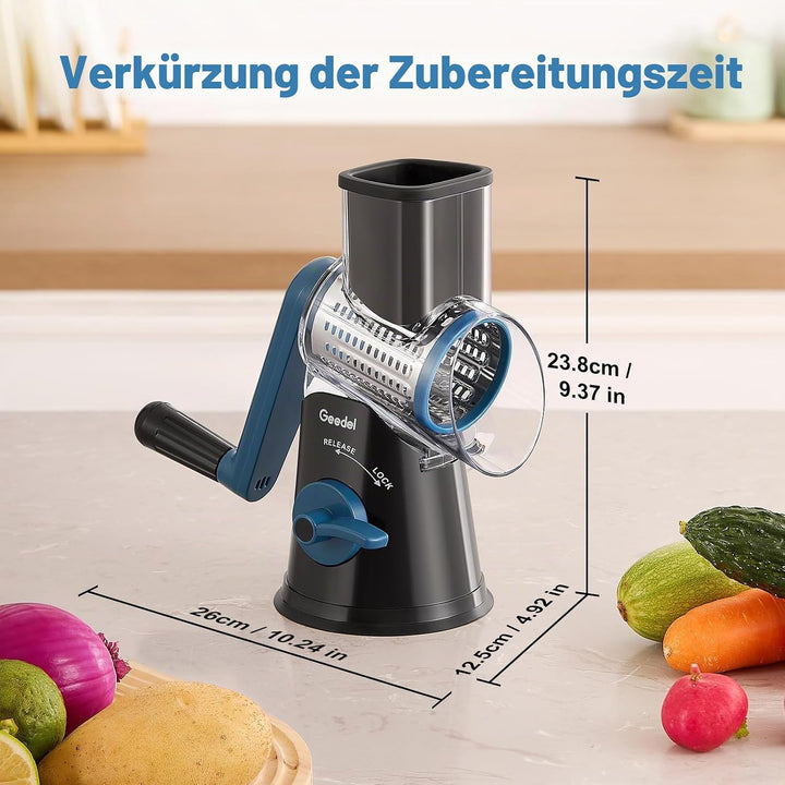 Geedel Käsereibe, Reibe für Gemüse, Gemüseschneider Trommelreibe mit kurbel | 5 Edelstahlklingen, 12
