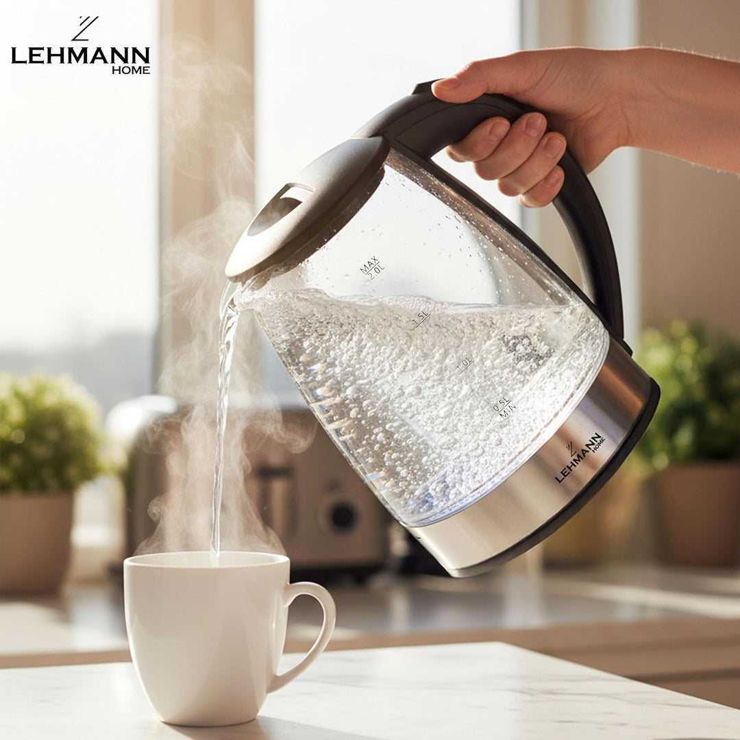 Lehmann LHOEK-2220 Glas Wasserkocher 2 Liter, 2200W, elektrischer Wasserkocher aus Glas mit LED-Hint
