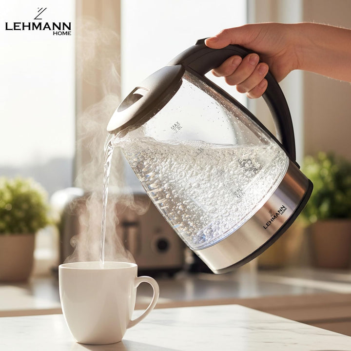 Lehmann LHOEK-2220 Glas Wasserkocher 2 Liter, 2200W, elektrischer Wasserkocher aus Glas mit LED-Hint