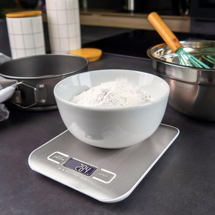 Intirilife Digitale Küchenwaage 5 kg -Silber- Wiederaufladbar per USB & Batteriebetrieb- Elektronisc
