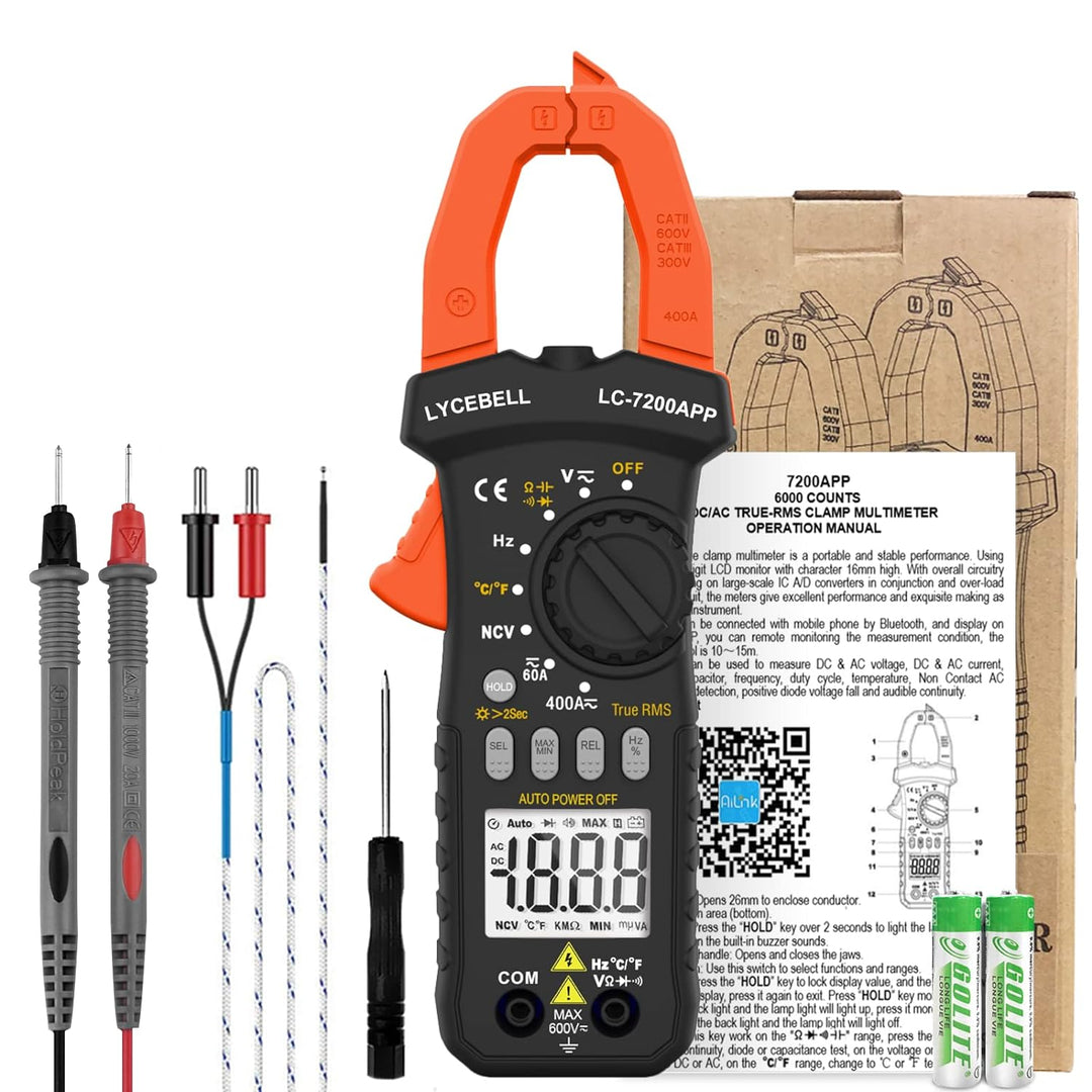 LYCEBELL Bluetooth Stromzange Multimeter, LC-7200APP TRMS 6000 Zähl Zangenmultimeter NCV-Test, Messe
