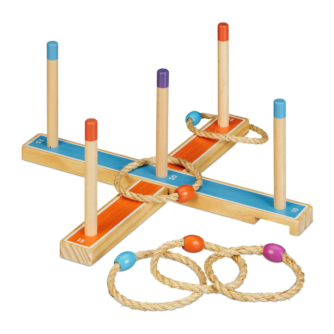 Relaxdays Ringwurfspiel, Holzwurfspiel für Kinder & Erwachsene, mit 5 Ringen, drinnen und draussen,