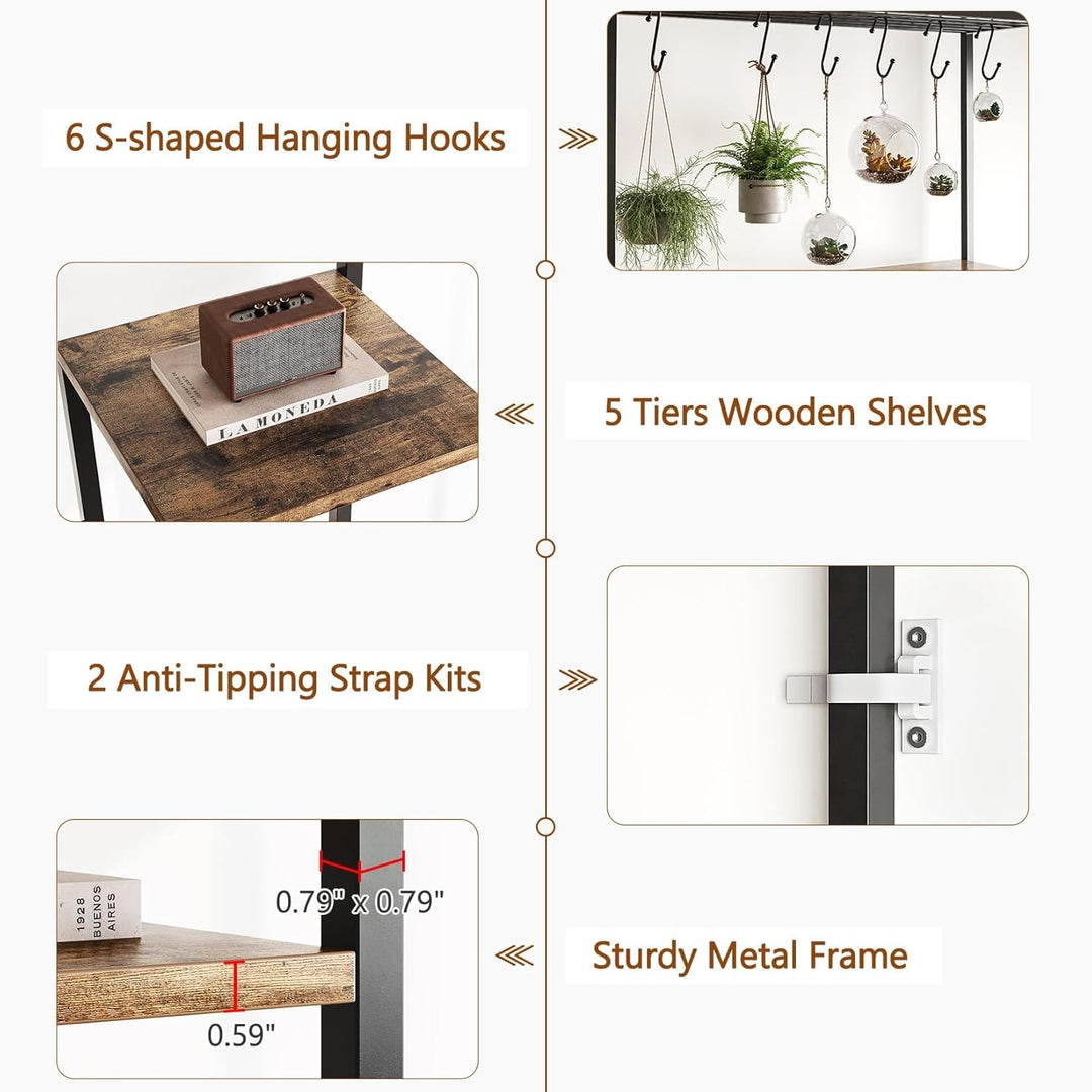 Indoor Pflanzenständer, 5 Etage 180 cm, Grosses Metall Pflanzenregal mit Haken zum Aufhängen, Multif