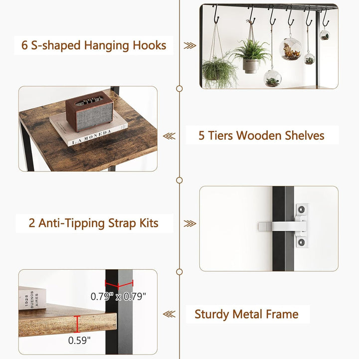 Indoor Pflanzenständer, 5 Etage 180 cm, Grosses Metall Pflanzenregal mit Haken zum Aufhängen, Multif