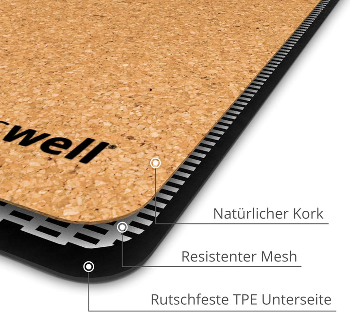 Mosswell Premium Kork-Yogamatte (4mm dick) - Rutschfeste Fitnessmatte mit Hilfslinien - Pilatesmatte