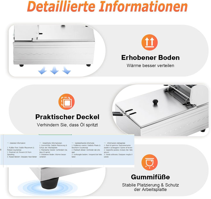 6L 2500W Elektrische Friteuse mit Edelstahl Korb 4 Gummifüsse | Desktop Fritteuse mit Deckel, Temper