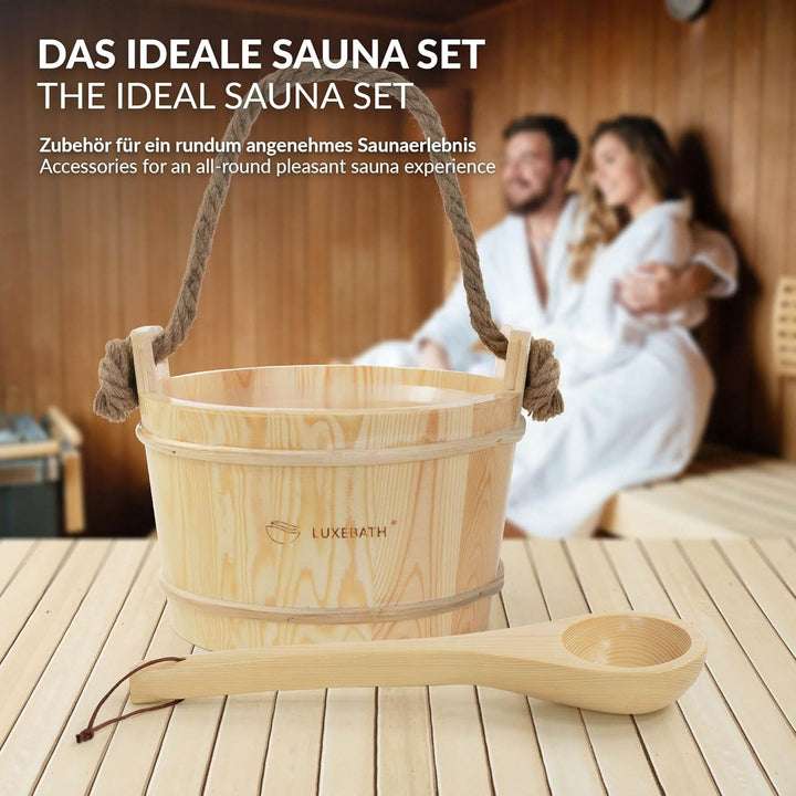 LuxeBath Saunazubehör-Set aus massivem Kiefernholz, Sauna Set 2-tlg, Aufgusskübel mit Kunststoffeins