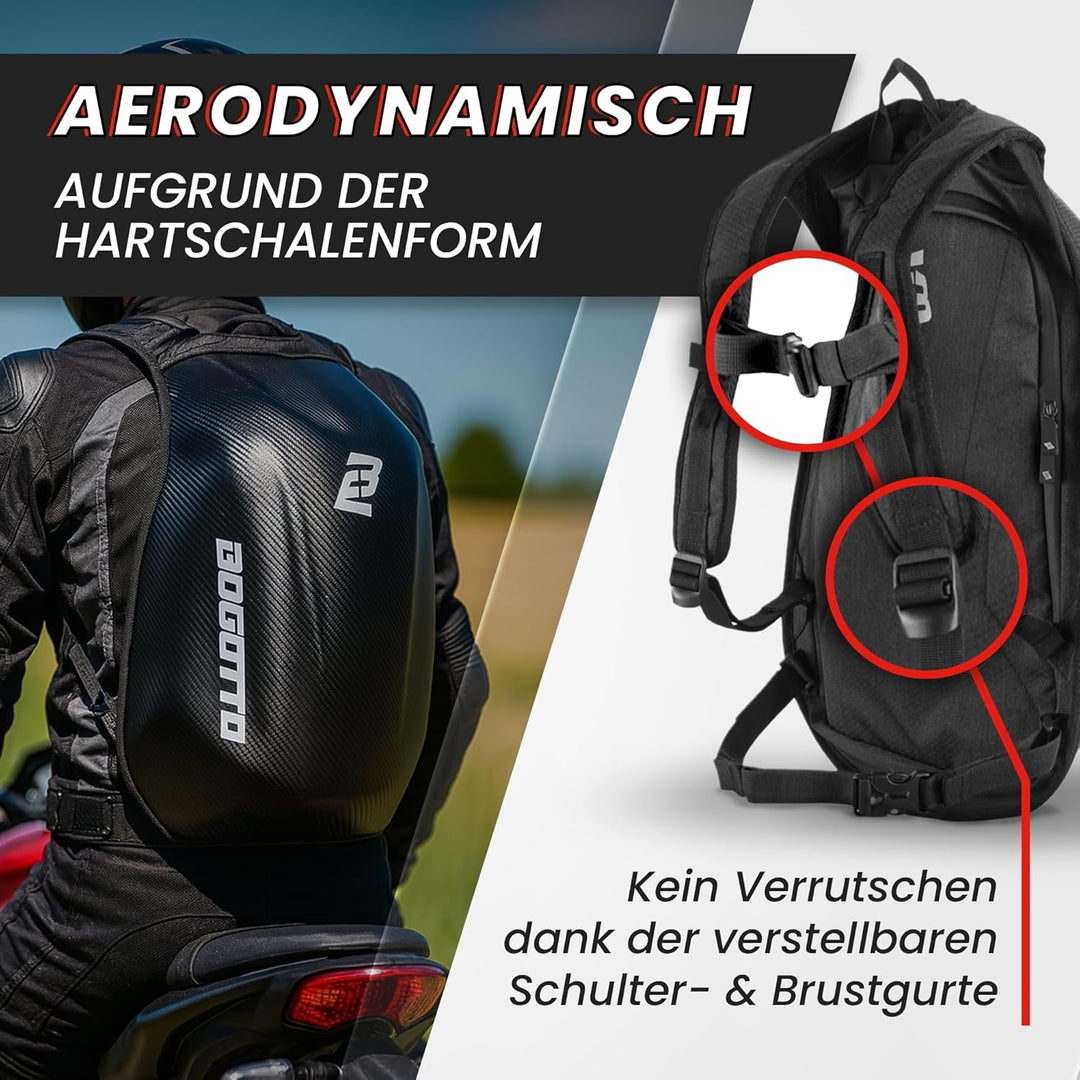 Bogotto Hump Race Carbon Look Motorrad Rucksack mit Hartschalenkonstruktion, Laptopfach 15 Zoll, 24